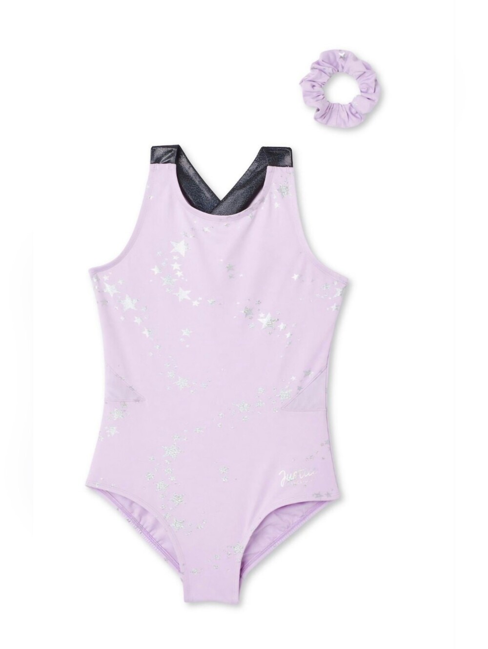 Justice Girls Dance Gymnastics Lilac Starprint One-Piece Leotard with Scrunchie